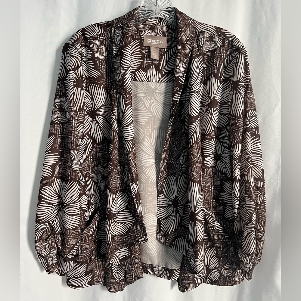 Chico’s Cardigan Women’s Brown Floral 3/4 Sleeve SZ 2 Or LG Lightweight Pockets